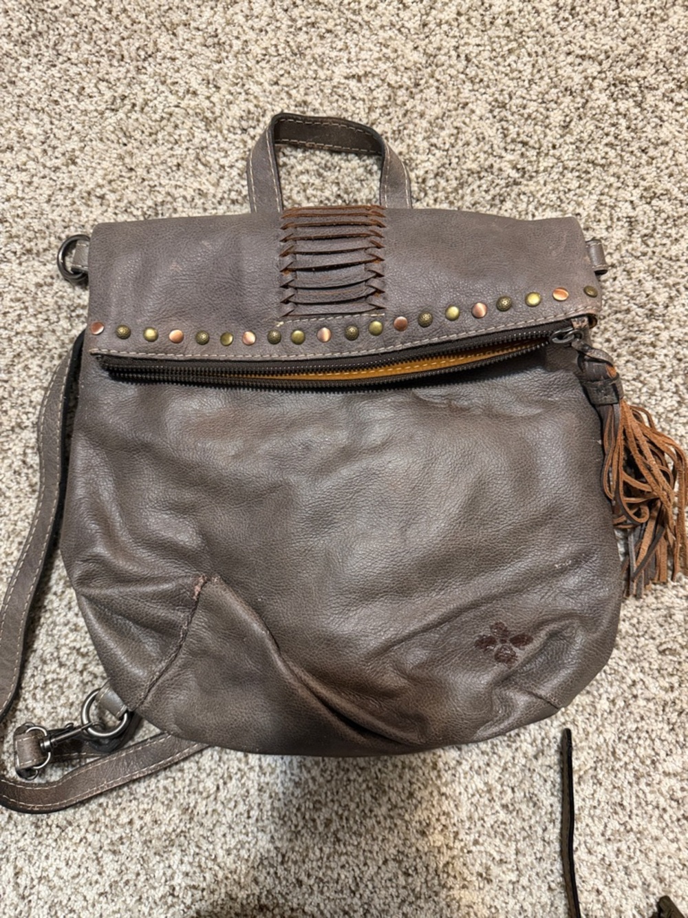Patricia Nash Dark Brown Leather Studded Crossbody Backpack